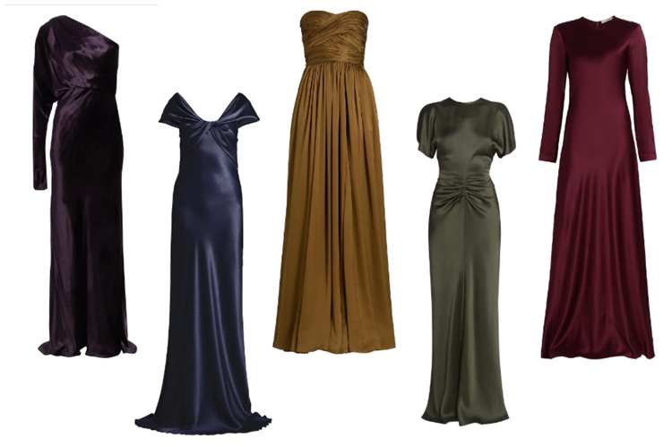 L to r: Zimmermann Aubergine One Shoulder Gown $1175 / Alberta Ferretti Navy Silk Gown $1695 / Ulla Johnson Willow Silk Gathered Strapless $1450 / Victoria Beckham Dark Olive Gown $1559 / Heirlome Burgundy Bias Cut Gown $1790 