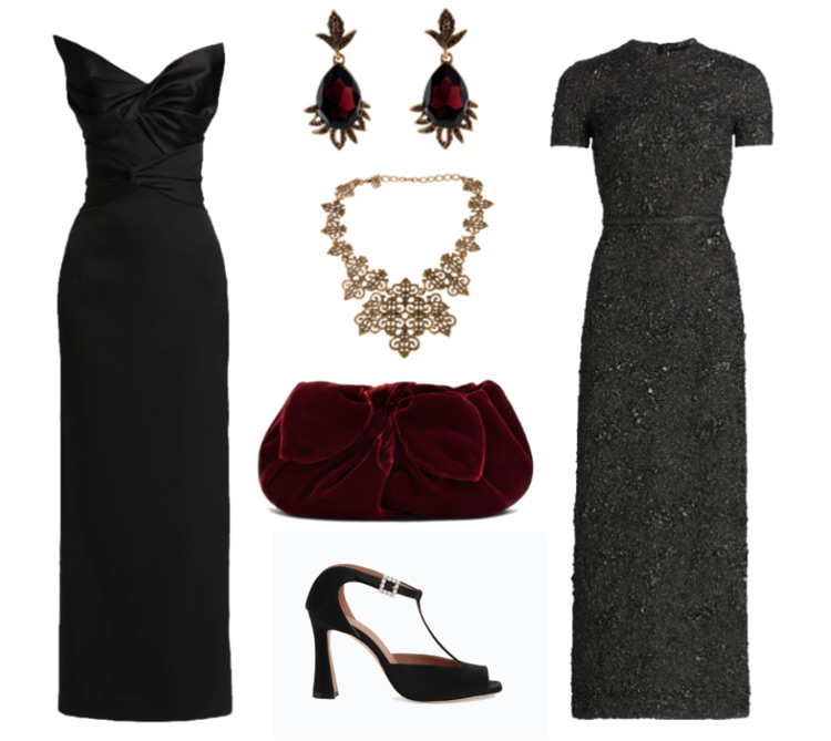 gowns: Oscar De La Renta Bow Strapless $6990 / Oscar De La Renta Metallic Jacquard Belted $4490 accessories: Oscar De La Renta Crystal Shadow Earrings SALE $176 / Oscar De La Renta Collar Necklace SALE $284 / Oscar De La Renta Mini Velvet Bow Clutch $1490 shoes: Malone Souliers Satin Sandals $825