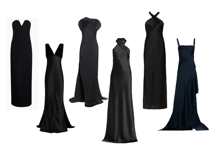 Khaite Yao Strapless Sweetheart $1040 / Markarian Sabina Silk Sleeveless SALE $1397 / Victoria Beckham Satin Corded $1990 / Galvan London Pandora Satin Cross Halter $1890 / Galvan London Evelyn Satin Crisscross Halter $1695 / Jason Wu Collection Crêpe Backed Satin Bias Slip $2495 