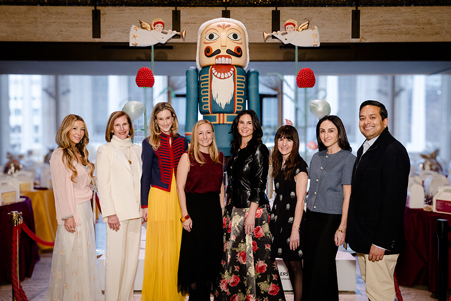 2025 Nutcracker Family Benefit Leadership (L to R): Rebecca Hessel Cohen (Chair), Patricia Newburger (Grandparent Chair), Shannon G. Caspersen (Chair), Prue Hyman (Chair), Shiloh Place (Chair), Katherine Eckert Grunder (Chair), Parisa and Rudy Sahay (Event Sponsor, Aquarian Holdings)