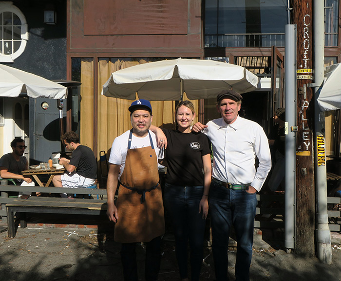 Chef Phuong Tran, Madison Bright, and Michael Della Femina outside "Croft Alley" on Melrose and North Croft in West Hollywood when we stopped by in 2018.
