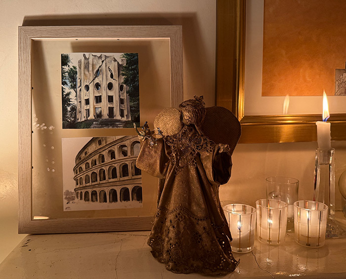 Two of Frances Hilliard's wonderful watercolor depictions of the 18th-century architectural fantasy of the Ruined Column (a house disguised as a ruin) from the Désert de Retz paired with the ancient grandeur of the Colosseum in Rome.
