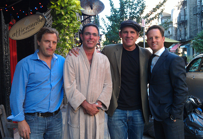 Ivy League Crimelords shooting on Sullivan Street: Michale Mailer, Jonny friedman, Michael della Femina, and Jason Hirsch (JH's brother — we told you it was a family affair).